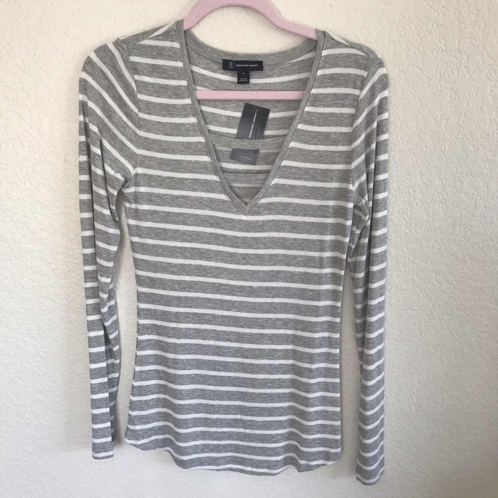 I.N.C Heathered Grey & White Stripe Deep V TShirt